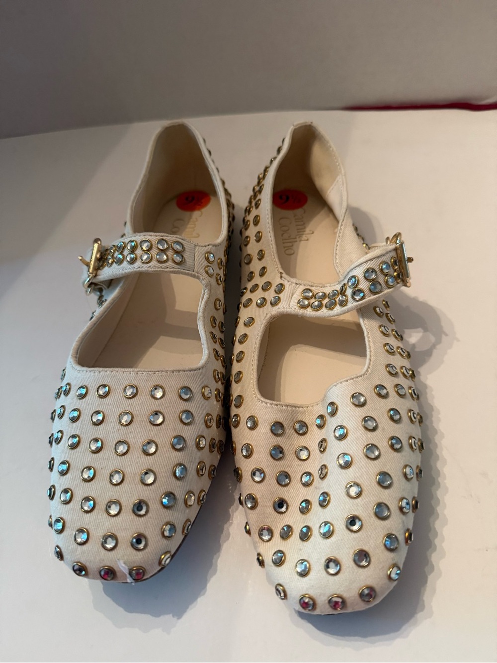 Camila Coelho Ivory Studded Mary Jane Flats with Rhinestones Women’s 9.5